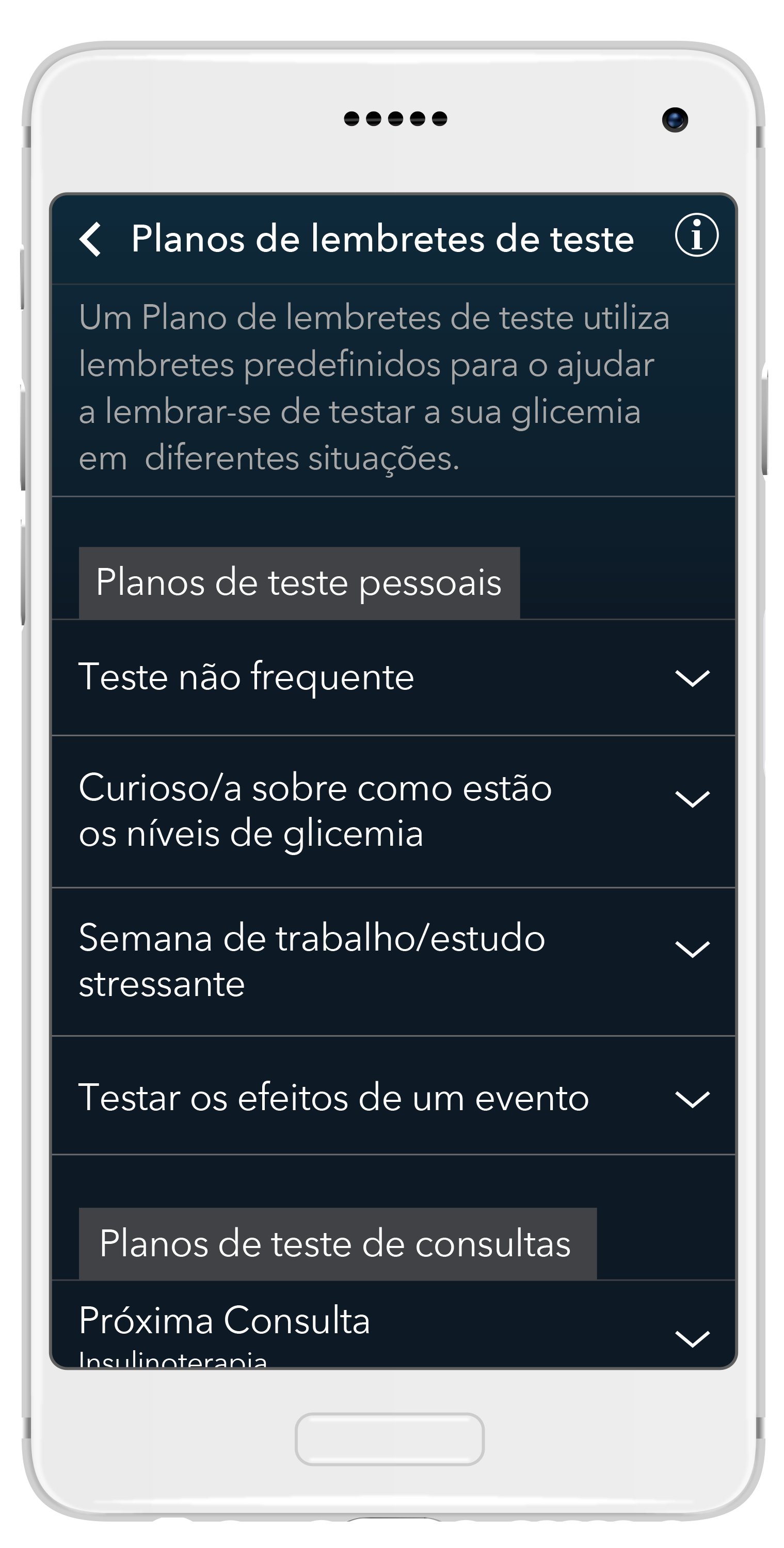 A app fornece opções para a realização de testes personalizados
